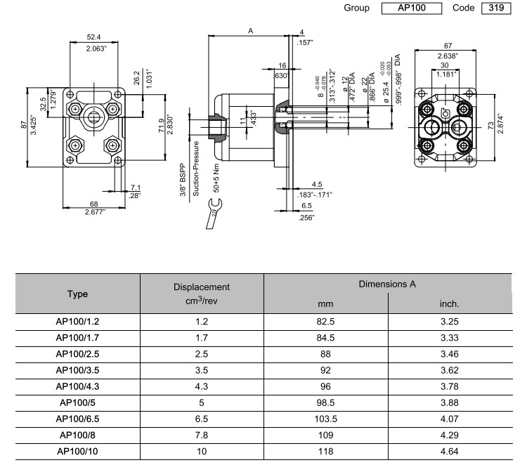 Bucher AP100/1.2S319 UP100 Gear Pump, 1.2CC/Rev